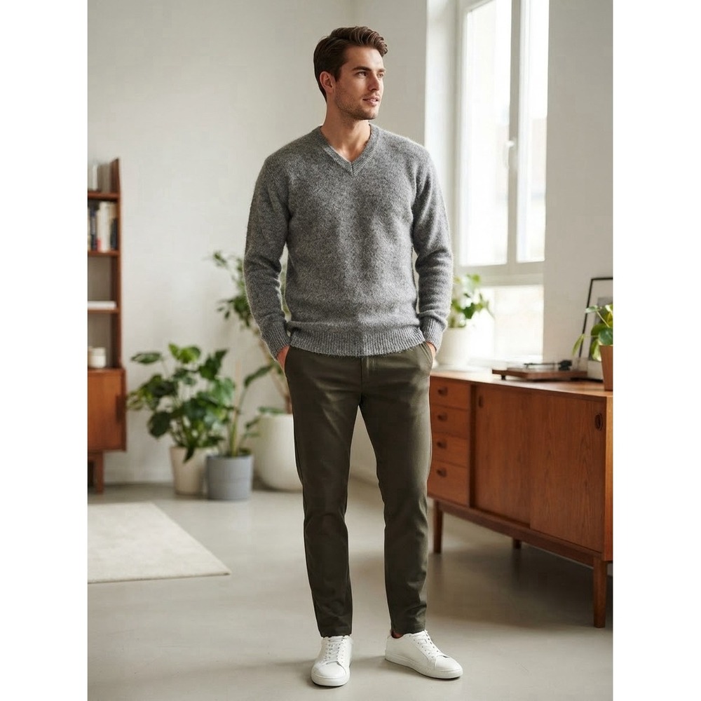 La Vicuñita Sweater Men XXL Baby Alpaca Factoria V Neck Gray Pullover Minimalist
